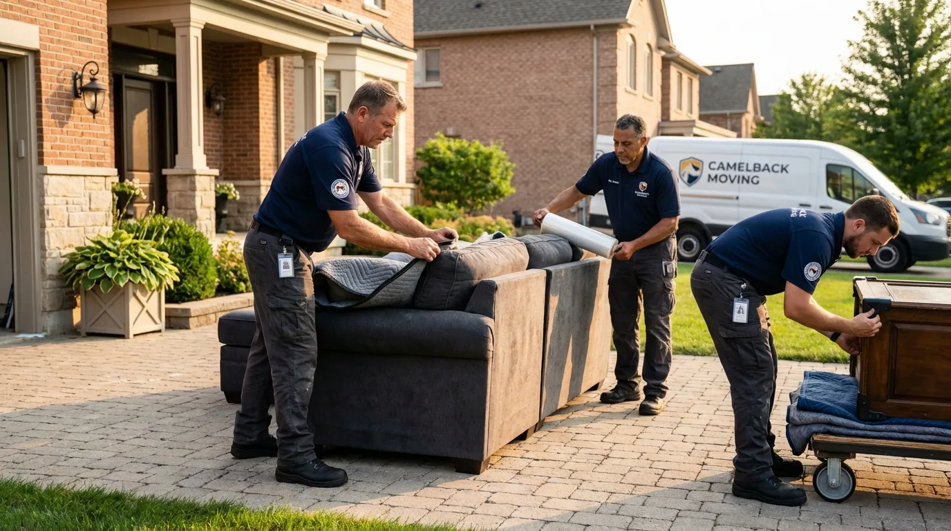 Large estate moving crew wrapping furniture in Westford, MA