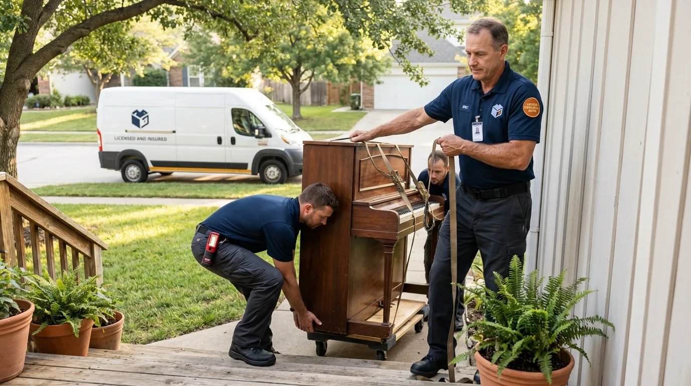 Licensed piano movers securing grand piano in Westford, MA