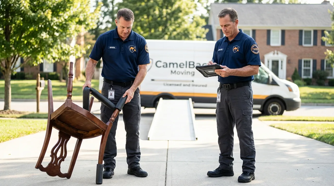 Movers inspecting furniture for damage prevention before loading in Westford, MA