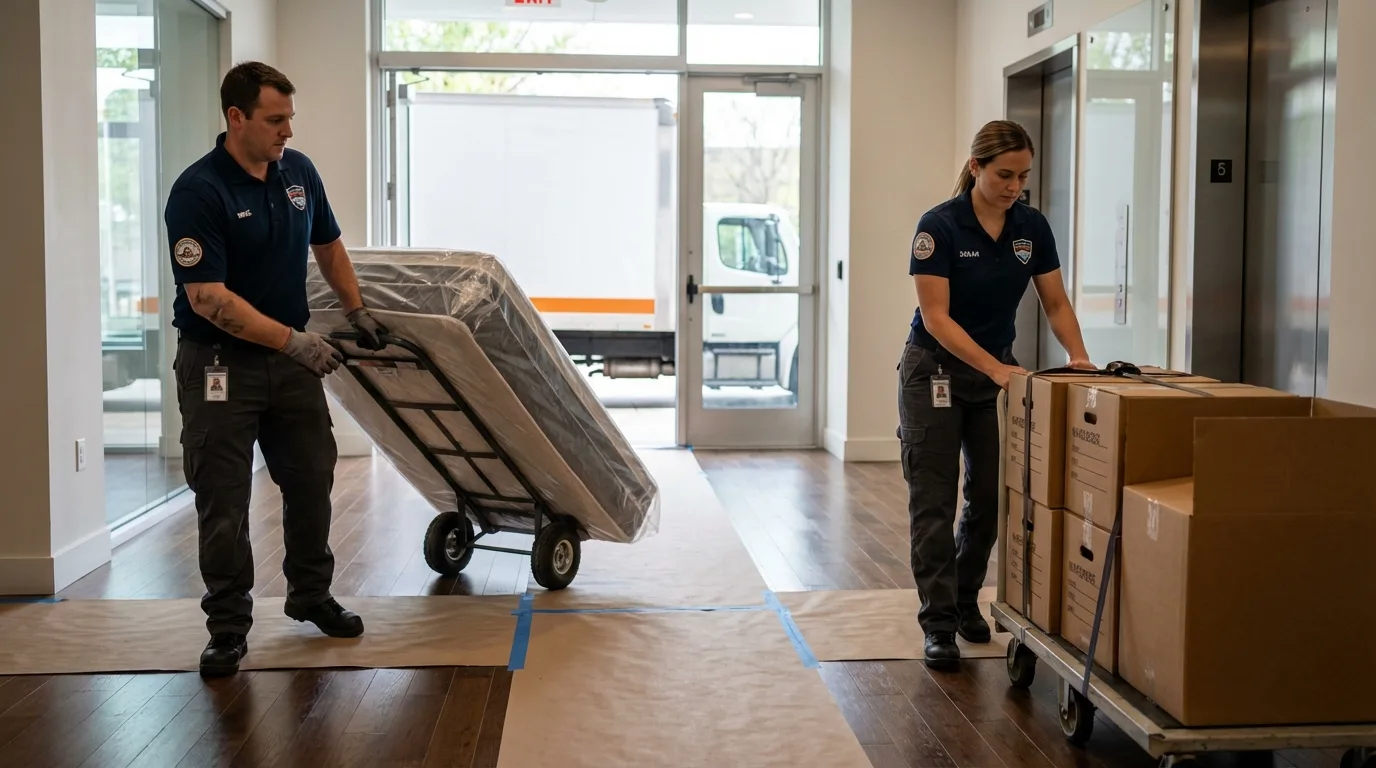 Professional apartment movers loading elevator in Westford, MA