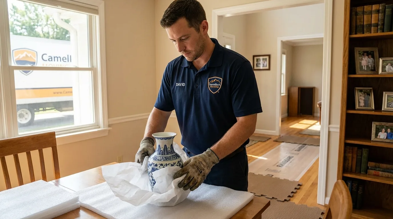 Professional crew carefully wrapping antique vase for senior downsizing move in Westford, MA