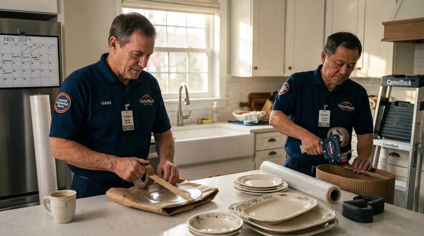Professional crew packing kitchen dishware in Westford, MA